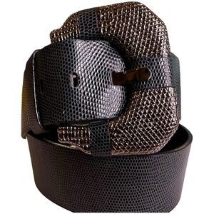 Carlisle Wide Pebbled Leather Wide Belt Oversized Silver Leather Wrapped Buckle